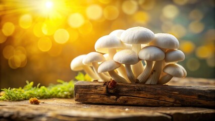 Poster - Cluster of Delicate White Mushrooms on Rustic Wooden Surface Bathed in Warm Golden Light