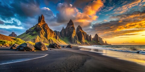 Aufkleber - Dramatic Coastal Cliffs at Sunset, Golden Hues Paint the Sky Above Dark Volcanic Sand