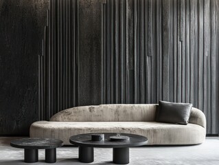 Sticker - Beige sofa in modern lobby, dark wood wall