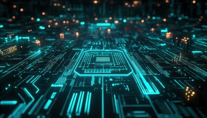 Poster - Abstract Teal Circuit Board with Glowing Microchip