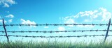 Clear blue sky above a barbed wire fence, metal wires with sharp edges forming a secure boundary, realistic details highlighting security and protection
