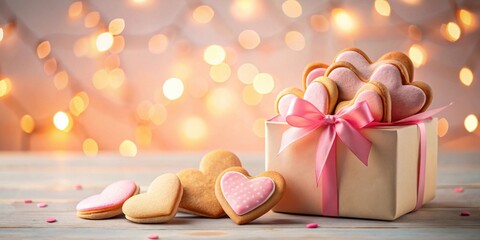 Poster - A Gift Box Overflowing with Sweet Heart-Shaped Cookies, Decorated with Delicate Pink Icing and a Lovely Pink Ribbon, Set Against a Romantic Bokeh Background