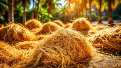 Aufkleber - Golden strands of coconut fiber drying in the sun, a natural harvest ready for processing into useful materials.