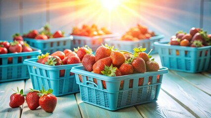 Poster - Sunlit scene of fresh strawberries in teal baskets on a wooden surface