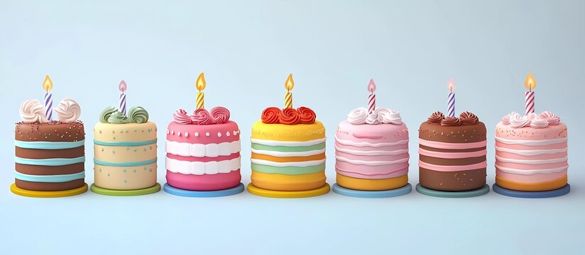 Set of colorful birthday cakes isolated on a pastel background, vector illustration design. Vector illustration, simple and cute style, 3D render