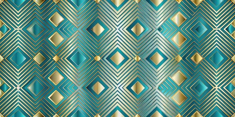 Wall Mural - Abstract Teal and Gold Geometric Pattern Design with Interlocking Diamond Shapes and Linear Elements