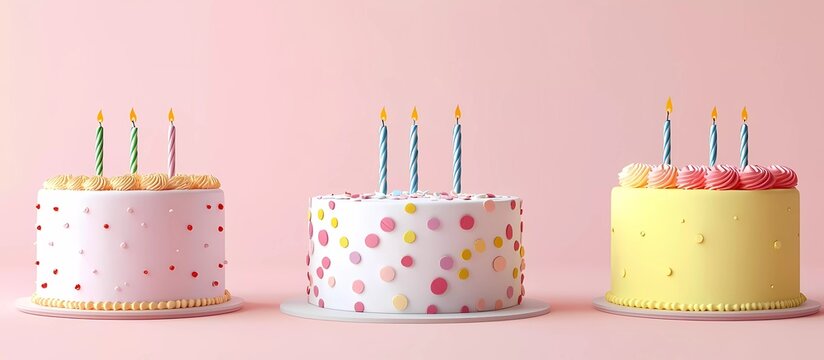 3D vector icon set of colorful birthday cakes isolated on a pastel background