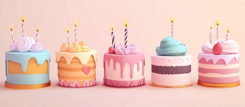 3D vector icon set of colorful birthday cakes isolated on a pastel background