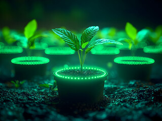 Wall Mural - Illuminated seedling in futuristic planter