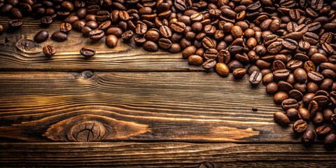 Poster - Roasted Coffee Beans Scattered on Rustic Wooden Surface A Rich Aromatic Composition
