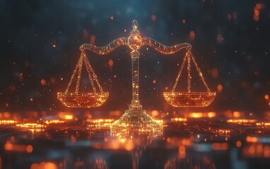 Poster - 3D rendering of digital icons representing law symbols on a futuristic interface, advanced legal technology, holographic design, modern digital justice concept