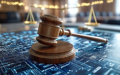 Poster - 3D rendering of digital icons representing law symbols on a futuristic interface, advanced legal technology, holographic design, modern digital justice concept