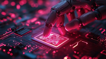 Poster - 3d robot finger touching an ai chip with a glowing document management system hologram, futuristic t