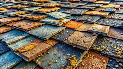 Aufkleber - A Detailed Close-Up View of an Aged, Multi-Colored Tile Roof with Subtle Textural Variations and Lichen Growth