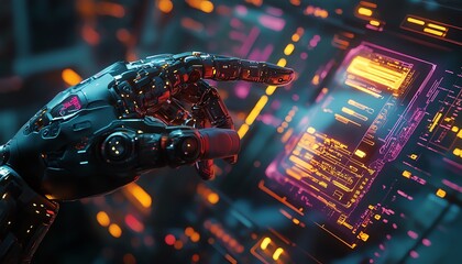 Poster - advanced 3d robot finger pointing at an ai chip, holographic document management system hovering abo