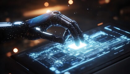 Poster - 3D robot hand with a finger touching an AI chip, holographic document management system floating above, modern and sleek technology concept, futuristic design