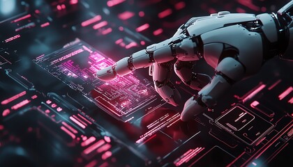 Poster - advanced 3d robot finger pointing at an ai chip, holographic document management system hovering abo