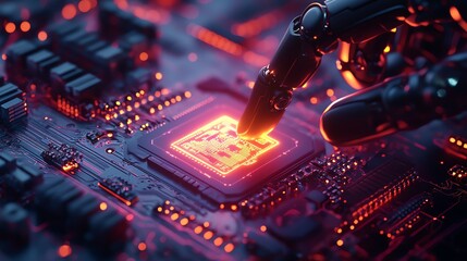 Poster - 3d robot finger touching an ai chip with a glowing document management system hologram, futuristic t