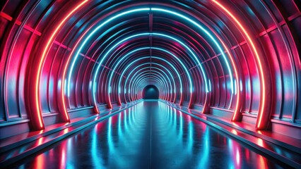 Poster - Futuristic Corridor with Vivid Neon Lights Reflecting on a Sleek, Polished Floor