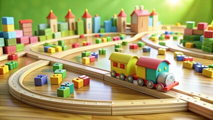 Aufkleber - A whimsical wooden train journey through a vibrant landscape of colorful blocks and miniature houses, a delightful scene of childhood imagination and creative play.