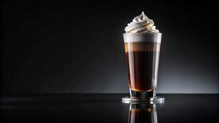 Poster - Aromatic Coffee Beverage with Sweet Whipped Cream Topping in a Tall Glass on a Dark Reflective Surface