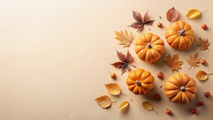 Aufkleber - Autumnal Still Life  Small Pumpkins and Dried Leaves Arranged on a Soft Beige Background