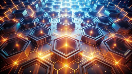 Aufkleber - Illuminated Hexagonal Grid Abstract Technological Background with Glowing Lines and Metallic Surfaces