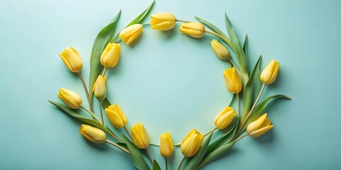 Poster - A delicate circle of springtime yellow tulips arranged on a pale teal background, creating a vibrant and cheerful floral frame.