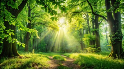 Poster - Sunbeams Illuminate a Tranquil Forest Path, Lush Greenery and Serene Atmosphere, Perfect for Relaxation and Contemplation