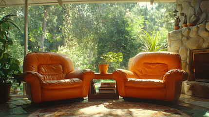 Wall Mural - Sunny Living Room with Leather Armchairs, Outdoors View