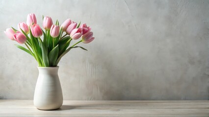 Poster - A bouquet of pale pink tulips arranged in a simple, elegant white vase sits on a light wooden surface against a neutral textured backdrop