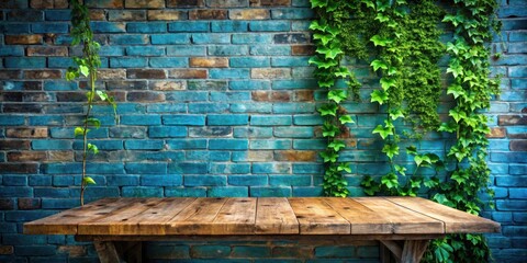 Poster - Rustic Wooden Tabletop Set Against a Vibrant Teal Brick Wall with Lush Greenery