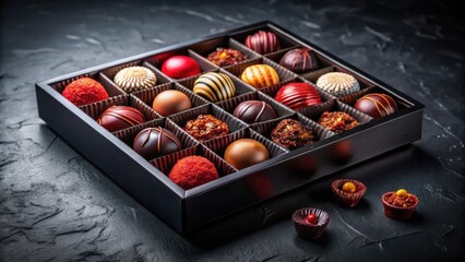Poster - An assortment of delectable chocolate truffles in a sophisticated dark box, a delightful treat for any occasion.