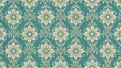 Poster - Elegant Teal and Beige Floral Damask Pattern for Textile and Wallpaper Designs