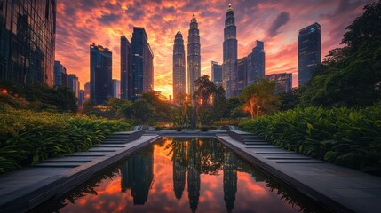 Wall Mural - City park sunrise, skyscrapers reflecting in water, vibrant sunset