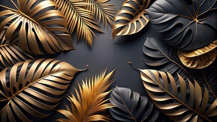 Poster - Elegant Golden and Dark Leaf Arrangement on Dark Background A Luxurious Tropical Motif