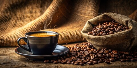 Aufkleber - Aromatic Espresso in Dark Cup Beside Burlap Sack of Roasted Coffee Beans on Rustic Wooden Table