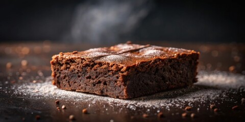 Poster - A Deliciously Decadent Chocolate Brownie, Freshly Baked and Dusted with Powdered Sugar, Steaming Warm on a Dark Surface