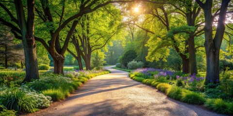 Poster - Serene Pathway Winding Through a Sun-Dappled Garden with Lush Greenery and Vibrant Blossoms