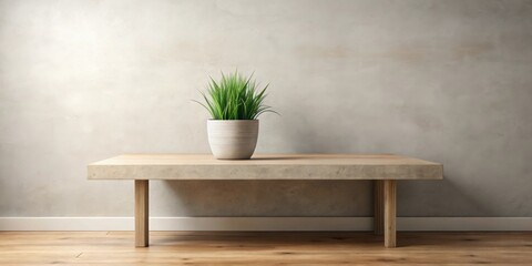 Poster - Simple Elegance A Potted Plant on a Modern Wooden Coffee Table Against a Textured Wall