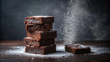 Poster - A delectable stack of freshly baked brownies, generously dusted with powdered sugar, creates a tempting dessert image. The falling powder adds a touch of elegance to this rich chocolate treat.