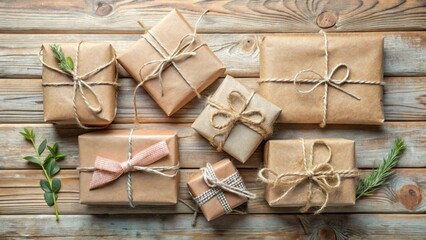 Poster - Rustic Wrapped Presents on Wooden Surface A Collection of Eco-Friendly Gift Boxes Tied with Twine and Decorated with Natural Elements