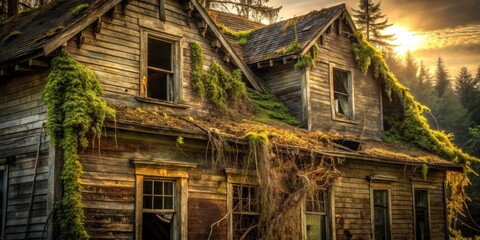 Fototapete - Golden Hour Embrace of a Weathered Wooden House Overgrown with Verdant Plants