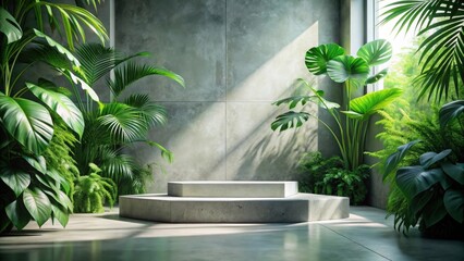 Poster - Serene indoor garden scene with a minimalist concrete display platform, bathed in soft sunlight filtering through lush tropical foliage