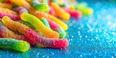 Poster - A vibrant pile of sugary, colorful gummy candies rests on a shimmering blue surface.