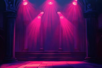 Canvas Print - The stage is illuminated by red and purple spotlights, creating an atmosphere of mystery. The background features a dark gradient with soft lighting that adds depth to the scene.