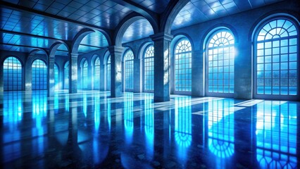 Poster - Serene Hallway with Reflective Floor and Archways, Illuminated by a Celestial Glow