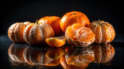 Poster - A Still Life Featuring Several Peeled and Unpeeled Citrus Fruits on a Reflective Surface