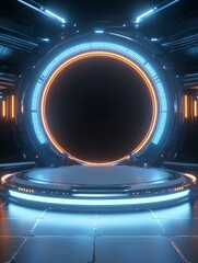 Canvas Print - Futuristic circular stage with glowing lines and LED lights, set against a dark background.