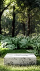 Wall Mural - white marble podium on grass, with ferns in the background